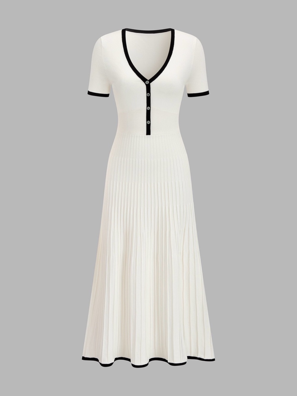 NWT Commense Elegant Cream V-Neck Button Midi Dress with Black Trim